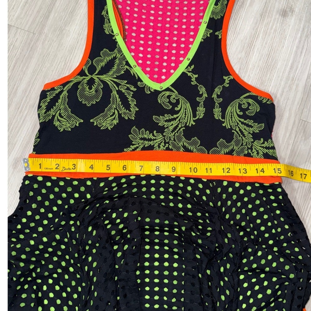 Seven Waves Mixed Media Mini Dress Neon Floral Polka Dot Mesh Artsy Boho Size 2 - Picture 5 of 9